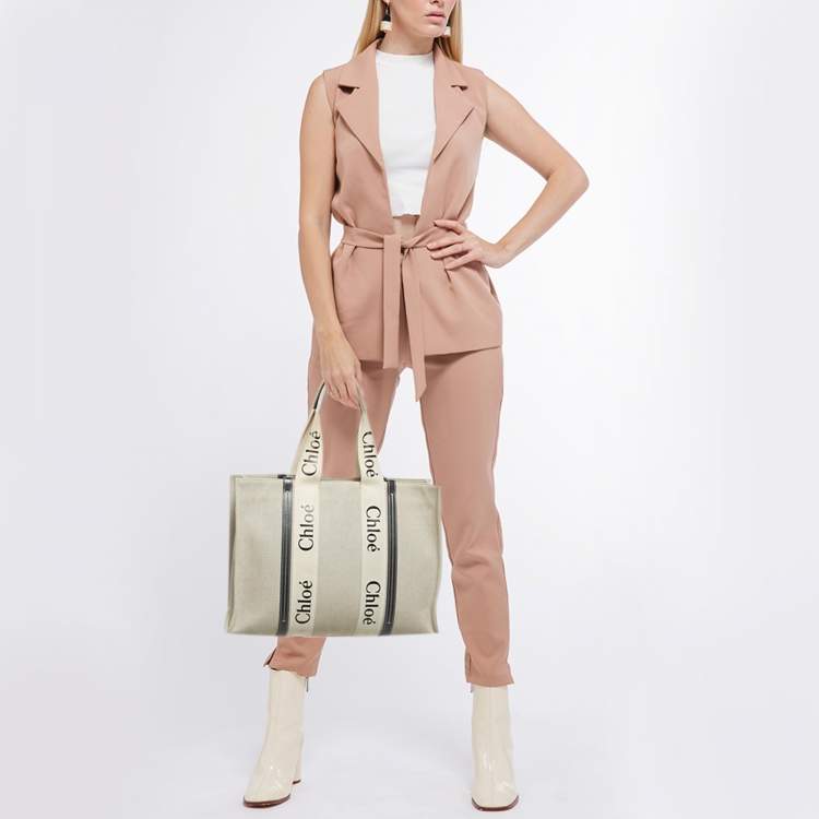 Pre Owned Chloe Beige/Black Canvas and Leather Large Woody Tote