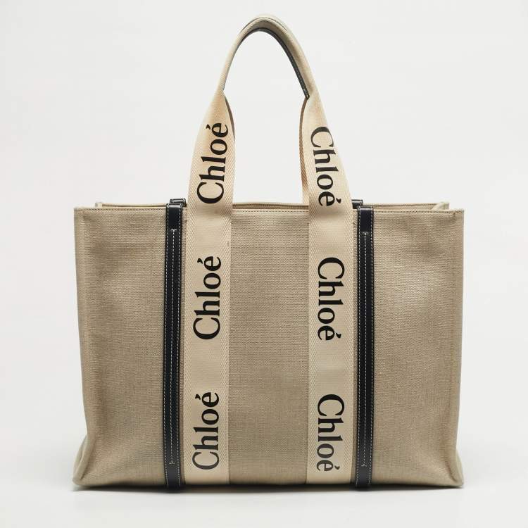 Pre Owned Chloe Beige/Black Canvas and Leather Large Woody Tote