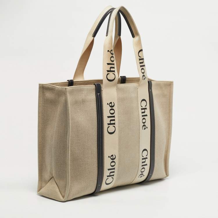 Pre Owned Chloe Beige/Black Canvas and Leather Large Woody Tote