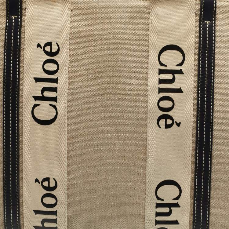 Pre Owned Chloe Beige/Black Canvas and Leather Large Woody Tote