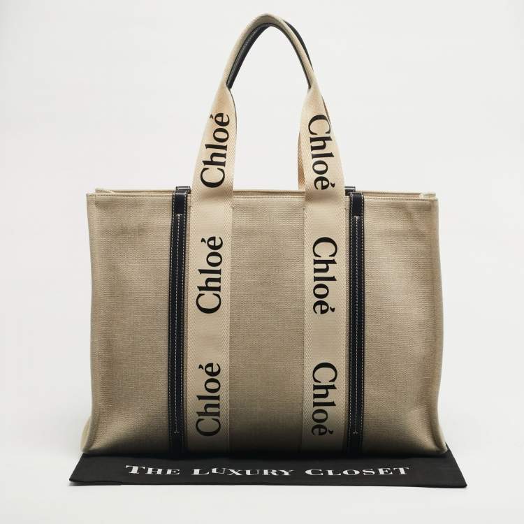 Pre Owned Chloe Beige/Black Canvas and Leather Large Woody Tote