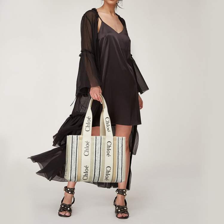 Pre Owned Chloé Beige/Black Canvas and Leather Medium Striped Woody Tote
