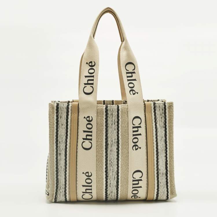 Pre Owned Chloé Beige/Black Canvas and Leather Medium Striped Woody Tote