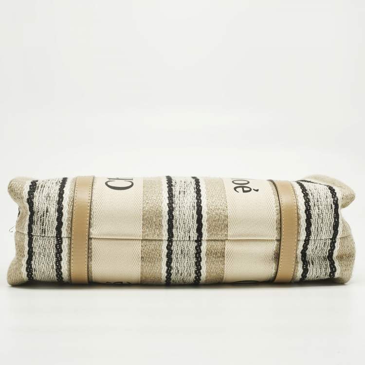 Pre Owned Chloé Beige/Black Canvas and Leather Medium Striped Woody Tote