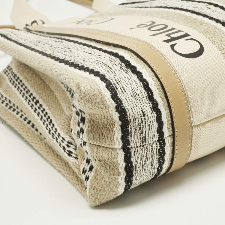 Pre Owned Chloé Beige/Black Canvas and Leather Medium Striped Woody Tote