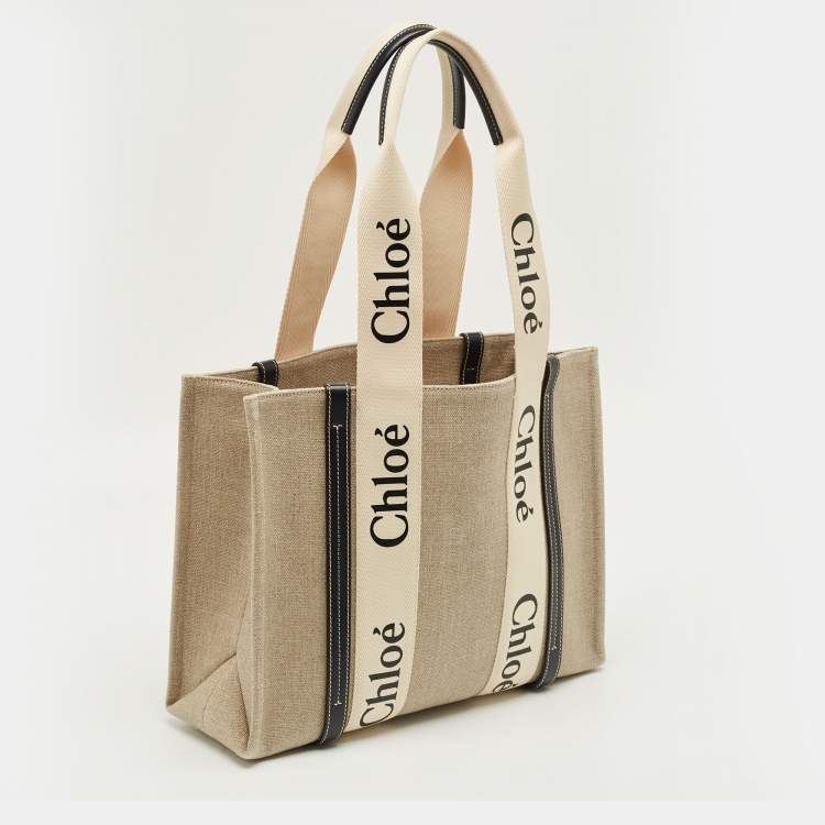 Pre Owned Chloé Beige/Navy Blue Canvas Medium Woody Tote