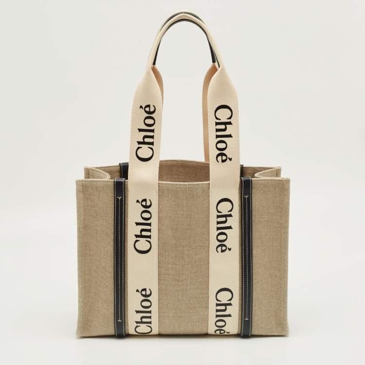 Pre Owned Chloé Beige/Navy Blue Canvas Medium Woody Tote