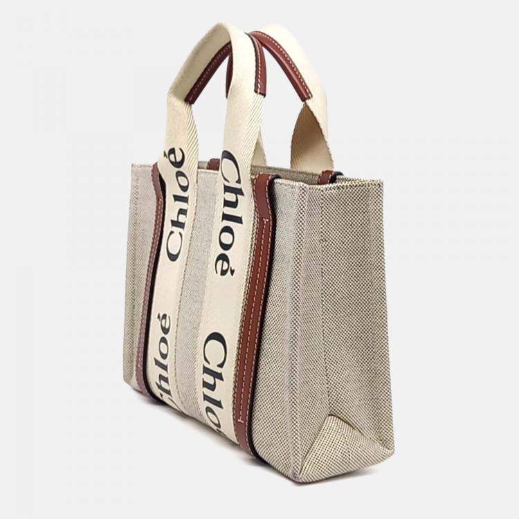 Pre Owned Chloe Beige Brown Fabric and Leather Woody Bag Small