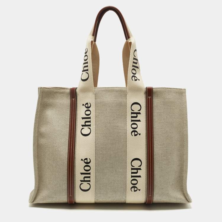 مملوكة مسبقًا Chloe Woody Large Beige/Brown Canvas and Leather Tote