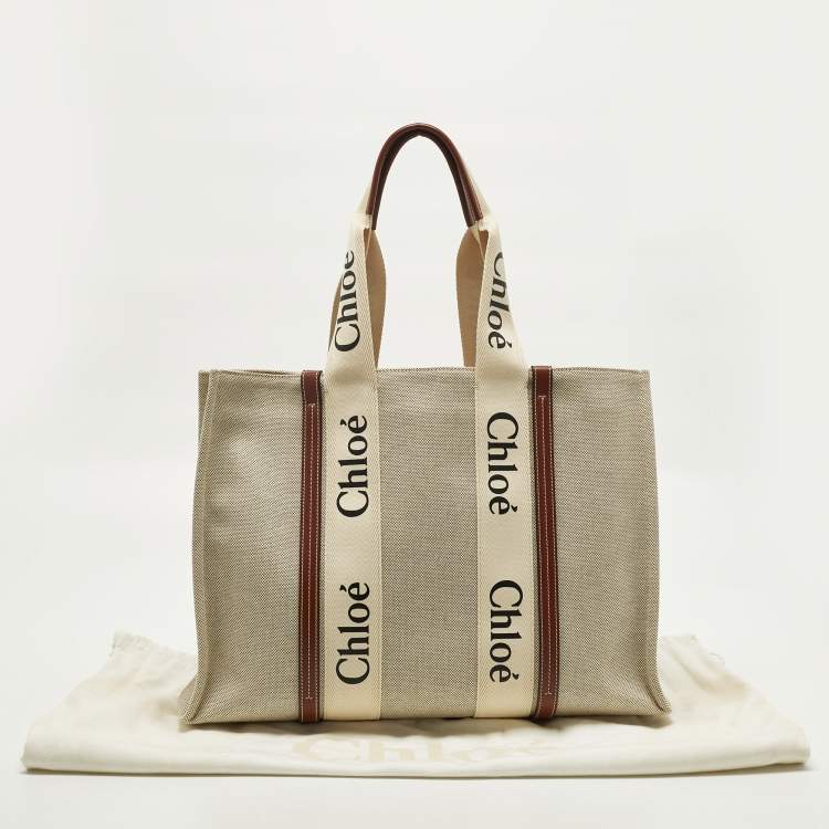 مملوكة مسبقًا Chloe Woody Large Beige/Brown Canvas and Leather Tote