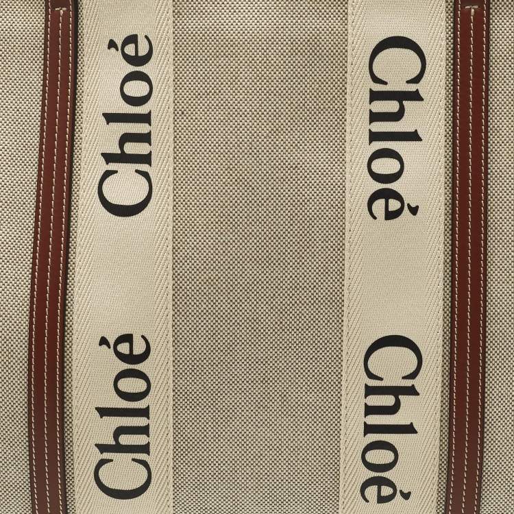 مملوكة مسبقًا Chloe Woody Large Beige/Brown Canvas and Leather Tote