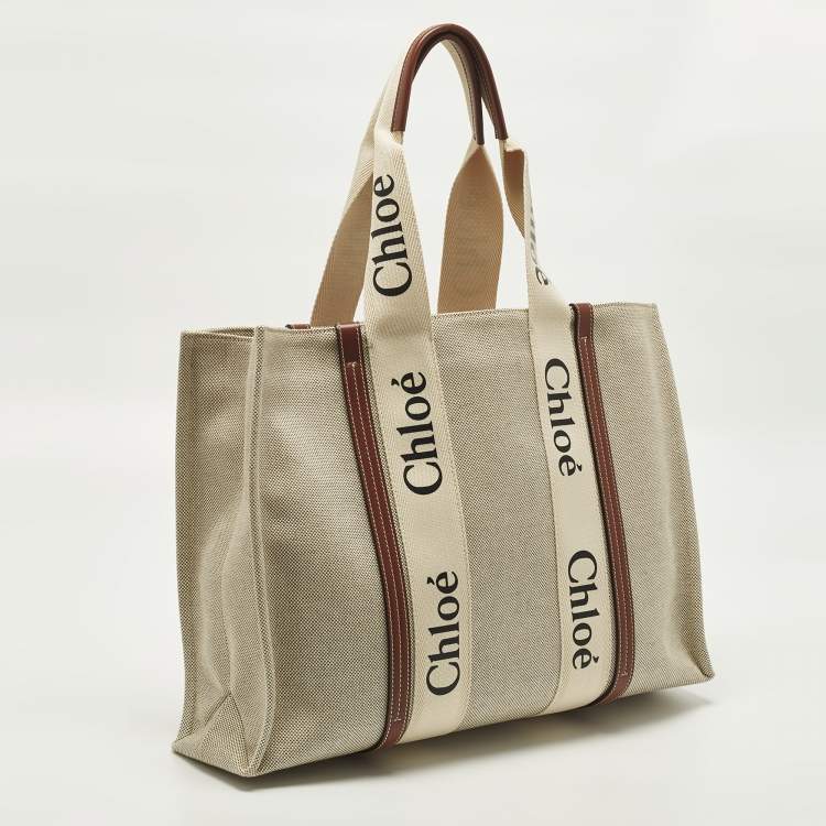 مملوكة مسبقًا Chloe Woody Large Beige/Brown Canvas and Leather Tote