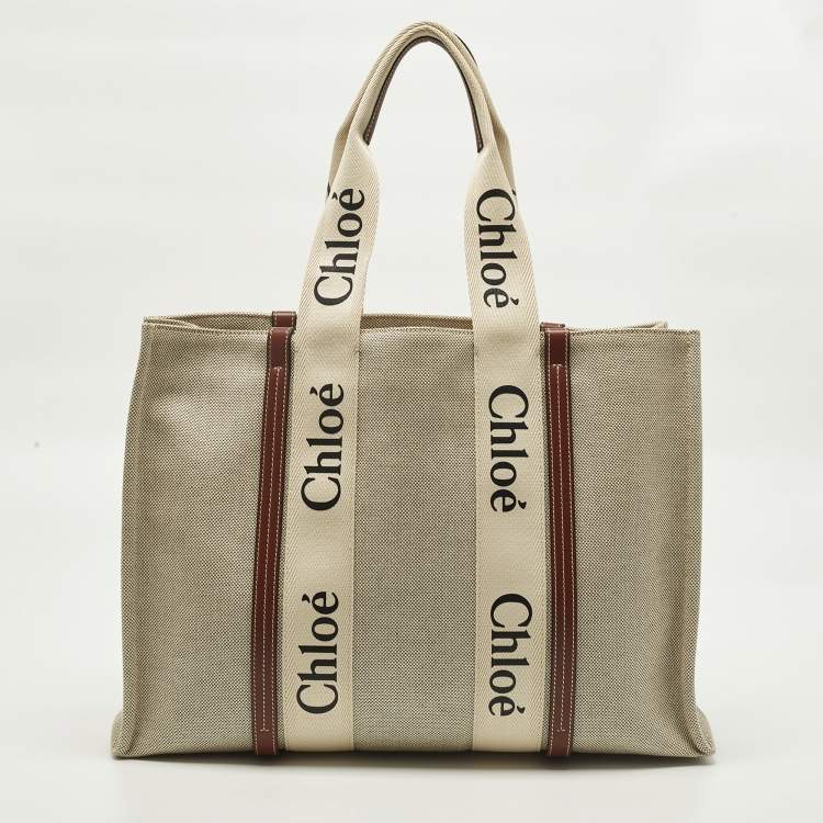 مملوكة مسبقًا Chloe Woody Large Beige/Brown Canvas and Leather Tote