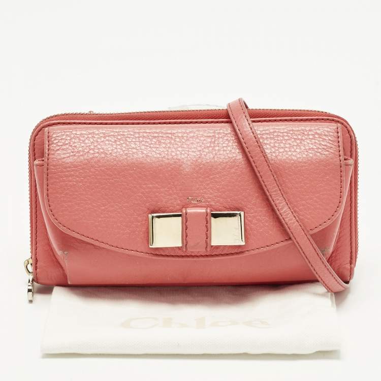 Pre Owned Chloe Lilli Coral Orange Leather Wallet On Strap