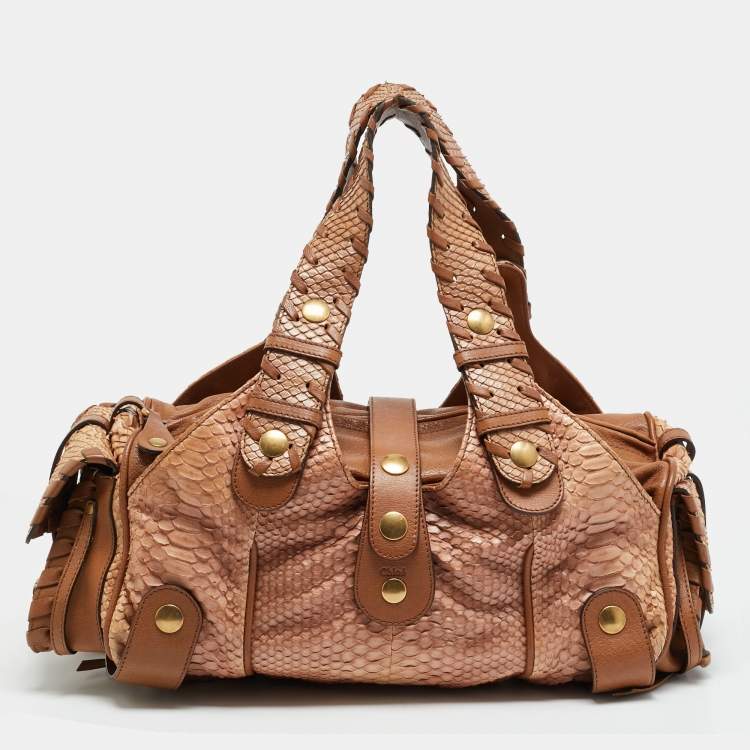 Pre Owned Chloe Silverado Brown/Beige Python and Leather Satchel
