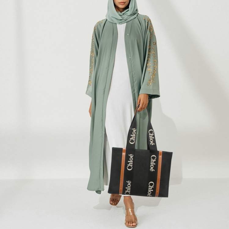 Pre Owned Chloé Woody Medium Black/Brown Canvas and Leather Tote