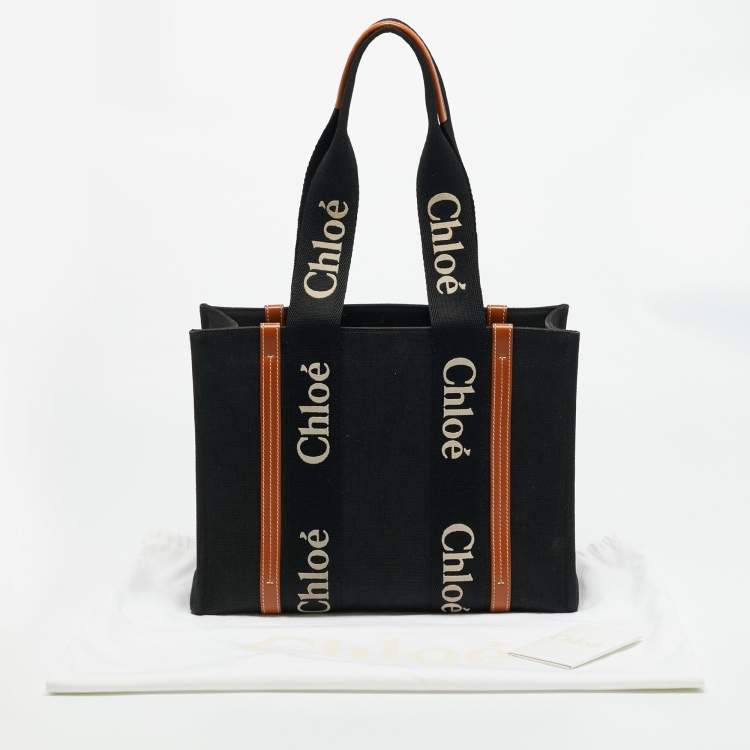Pre Owned Chloé Woody Medium Black/Brown Canvas and Leather Tote