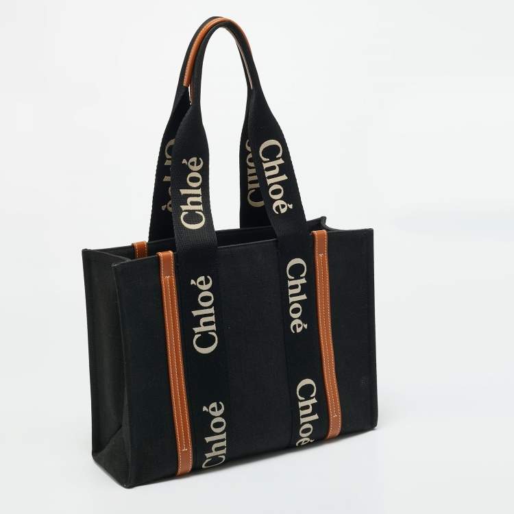 Pre Owned Chloé Woody Medium Black/Brown Canvas and Leather Tote