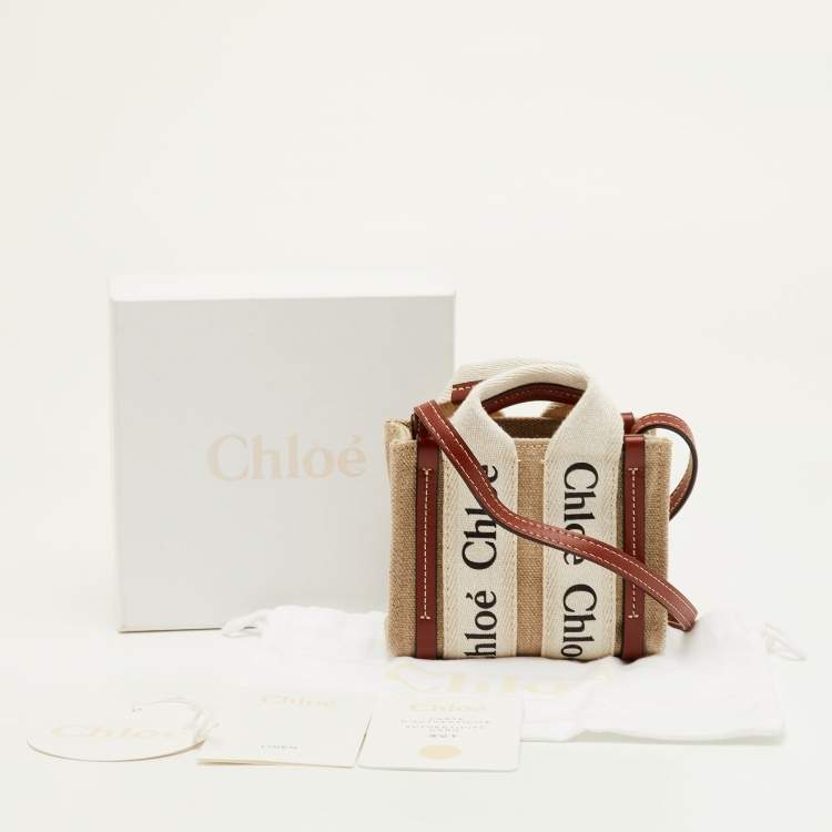 Pre Owned Chloe Woody Nano Beige/Brown Logo Canvas and Leather Tote