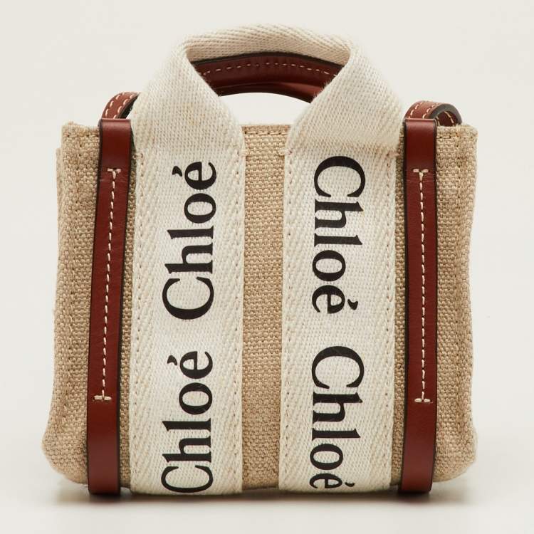 Pre Owned Chloe Woody Nano Beige/Brown Logo Canvas and Leather Tote