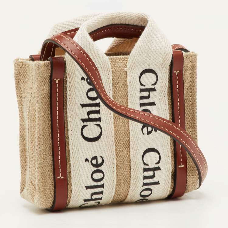 Pre Owned Chloe Woody Nano Beige/Brown Logo Canvas and Leather Tote