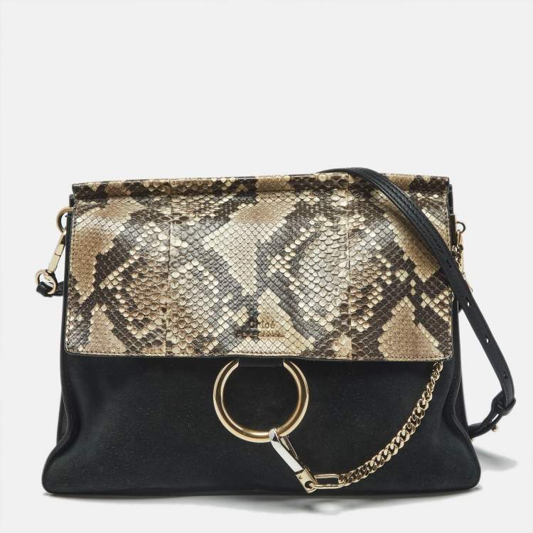 Pre Owned Chloe Faye Medium Deep Green/Black Leather, Suede and Python Shoulder Bag