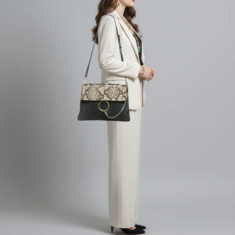 Pre Owned Chloe Faye Medium Deep Green/Black Leather, Suede and Python Shoulder Bag