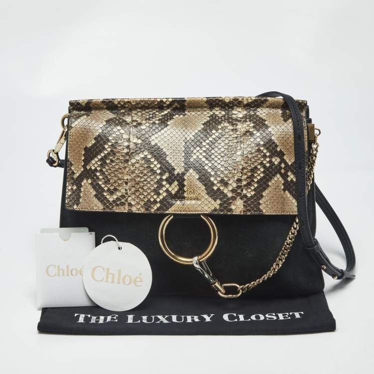 Pre Owned Chloe Faye Medium Deep Green/Black Leather, Suede and Python Shoulder Bag