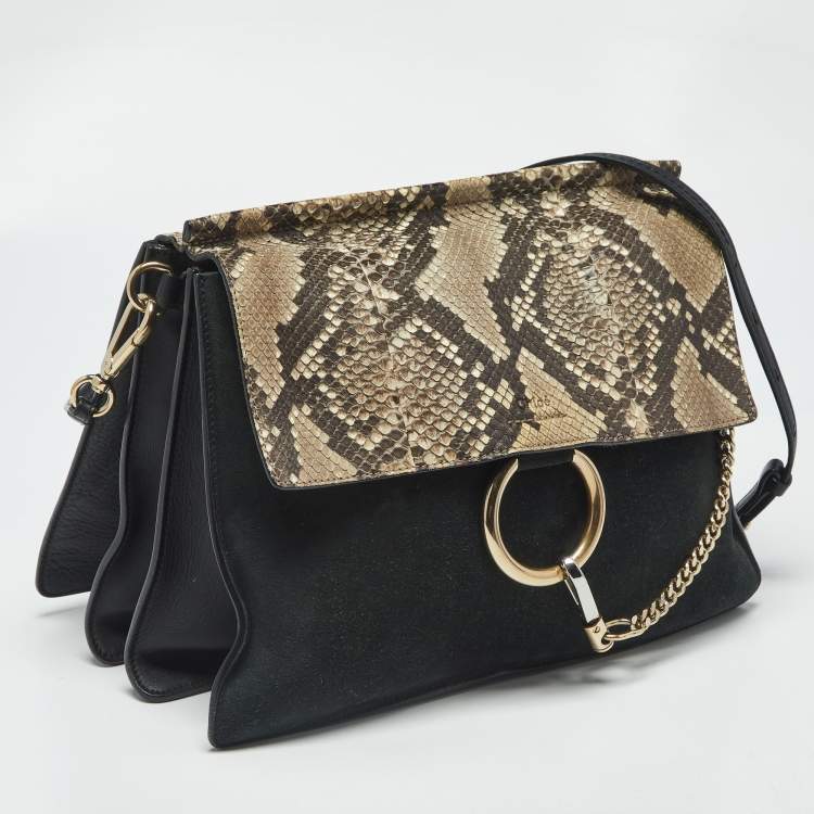 Pre Owned Chloe Faye Medium Deep Green/Black Leather, Suede and Python Shoulder Bag