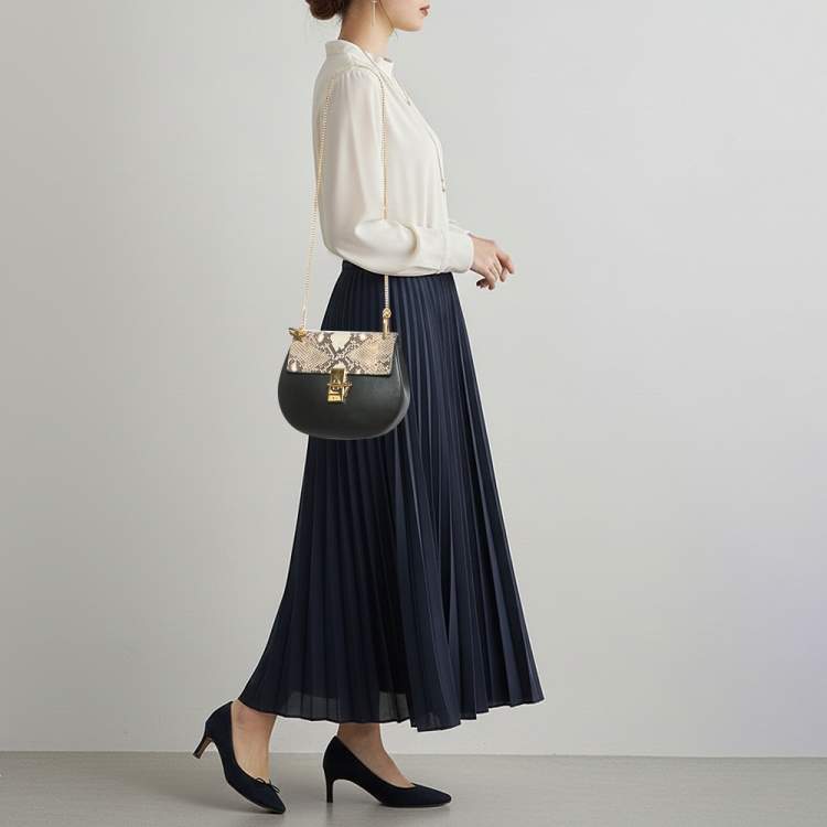 مملوكة مسبقًا Chloe Drew Medium Black/Beige Leather and Python Shoulder Bag