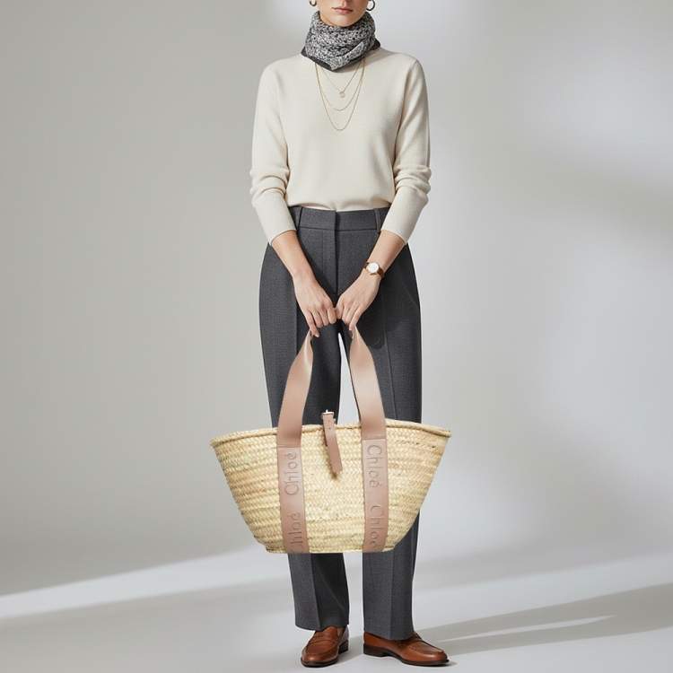Pre Owned Chloé Sense Cream/Beige Leather and Raffia Tote