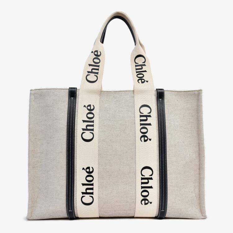 Pre Owned Chloe Beige Fabric Black Leather Trim Logo Woody Large Tote