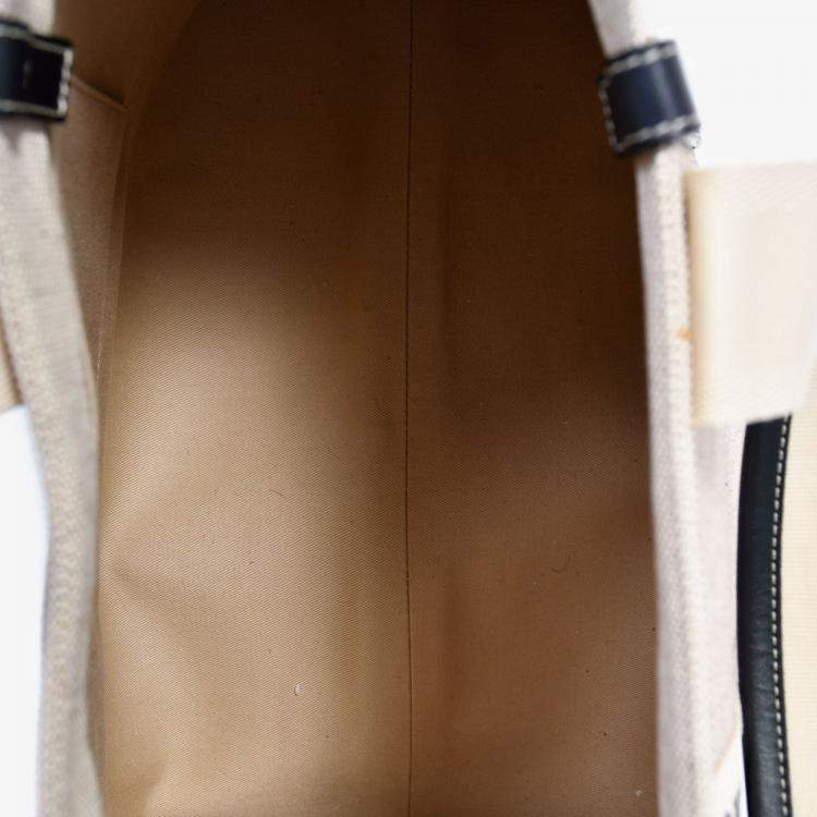 Pre Owned Chloe Beige Fabric Black Leather Trim Logo Woody Large Tote