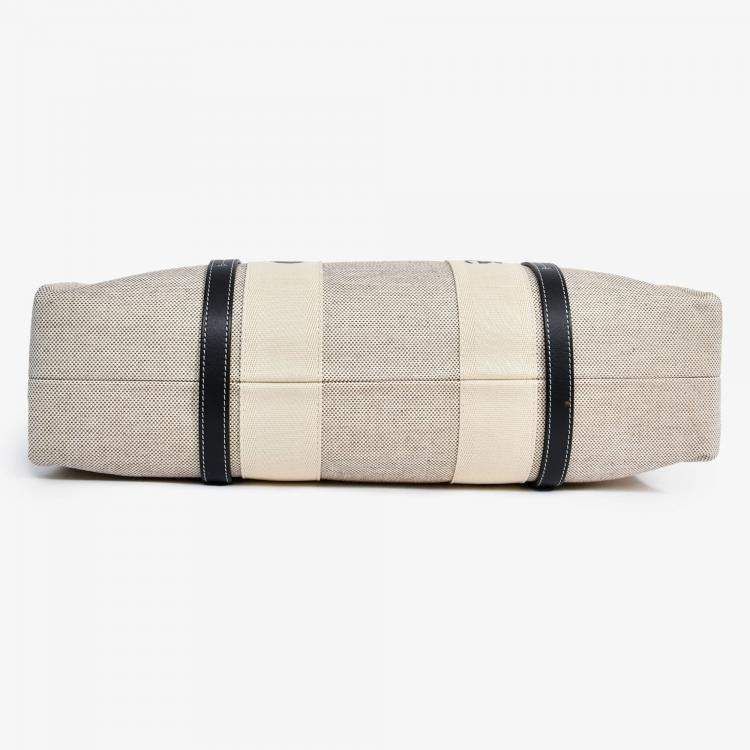 Pre Owned Chloe Beige Fabric Black Leather Trim Logo Woody Large Tote