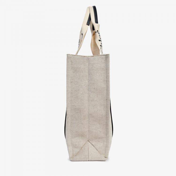 Pre Owned Chloe Beige Fabric Black Leather Trim Logo Woody Large Tote