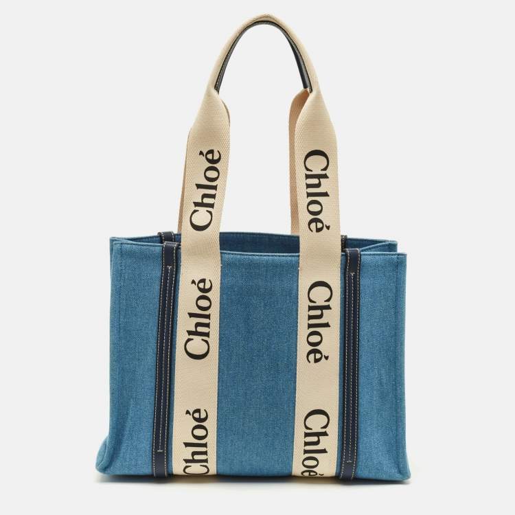 Pre Owned Chloé Woody Medium Blue Denim and Leather Tote