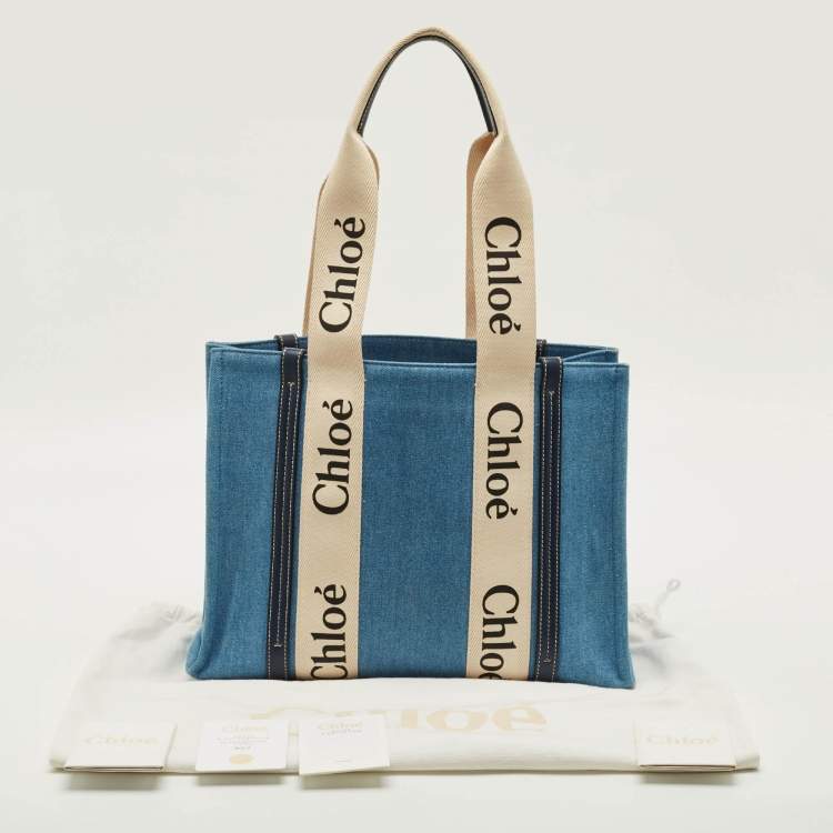 Pre Owned Chloé Woody Medium Blue Denim and Leather Tote