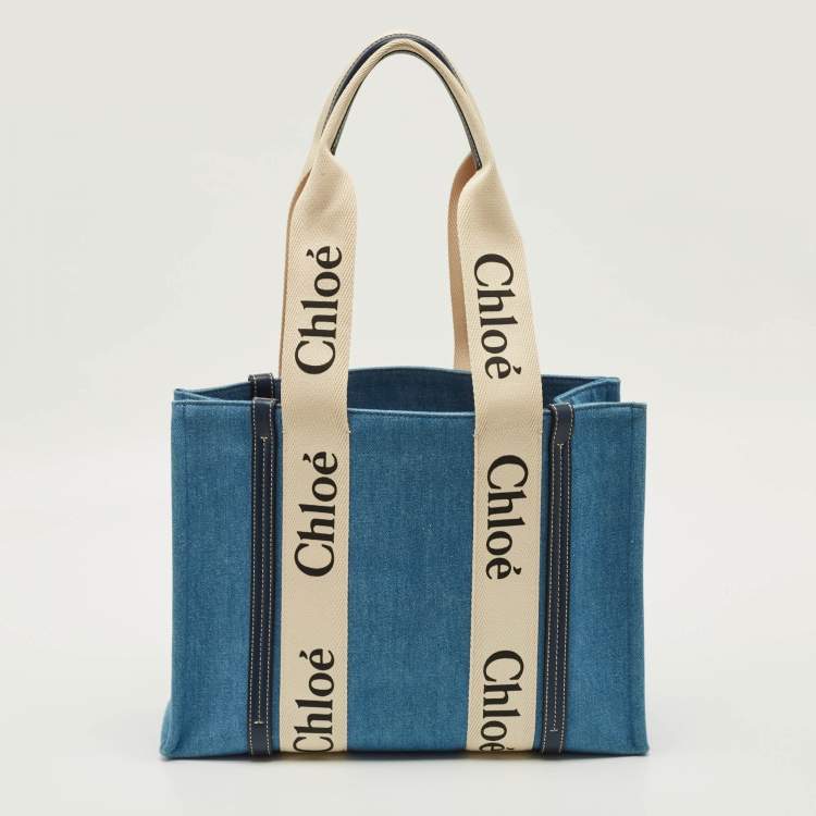 Pre Owned Chloé Woody Medium Blue Denim and Leather Tote