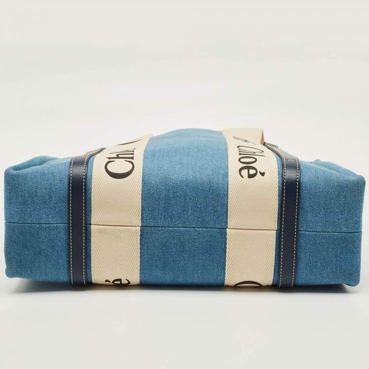 Pre Owned Chloé Woody Medium Blue Denim and Leather Tote