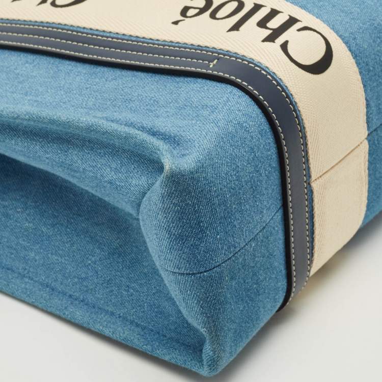 Pre Owned Chloé Woody Medium Blue Denim and Leather Tote