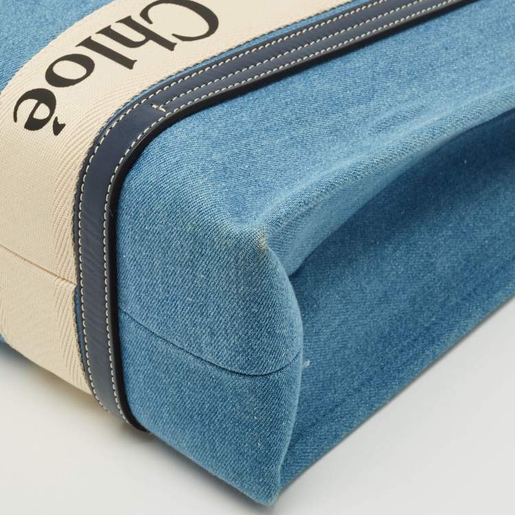 Pre Owned Chloé Woody Medium Blue Denim and Leather Tote