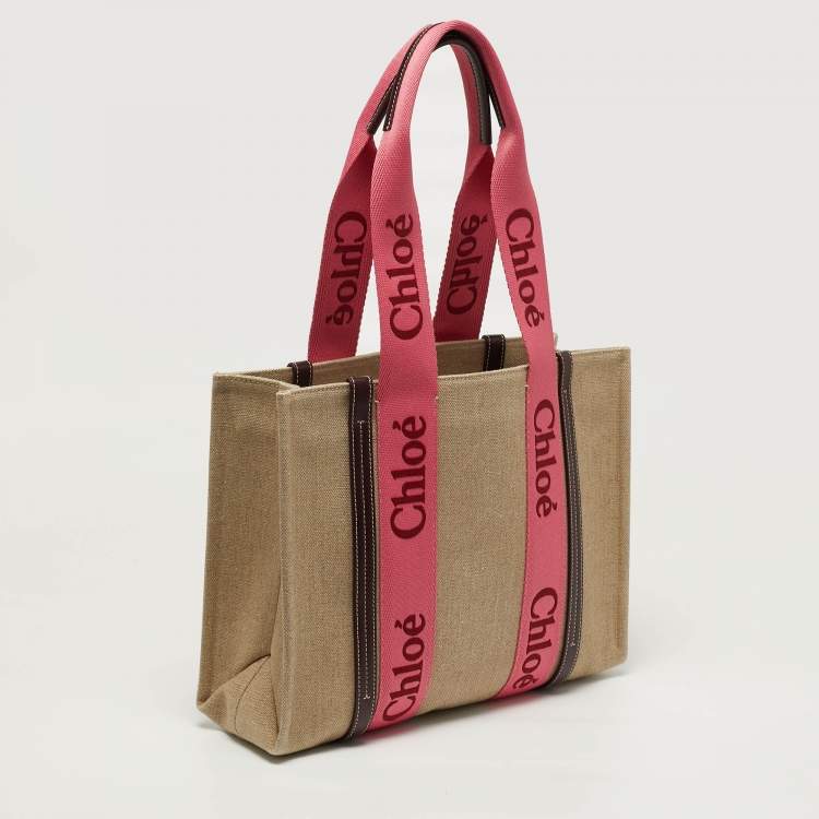Pre Owned Chloé Woody Medium Beige/Pink Canvas Tote