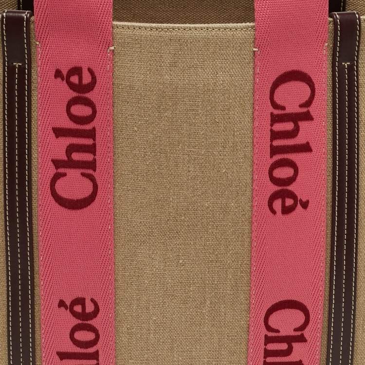 Pre Owned Chloé Woody Medium Beige/Pink Canvas Tote