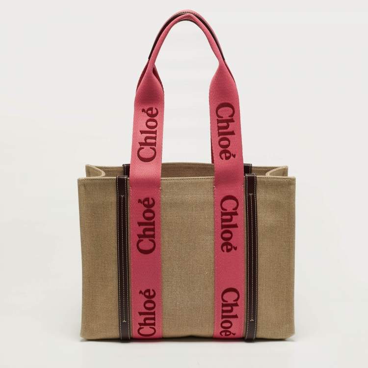 Pre Owned Chloé Woody Medium Beige/Pink Canvas Tote