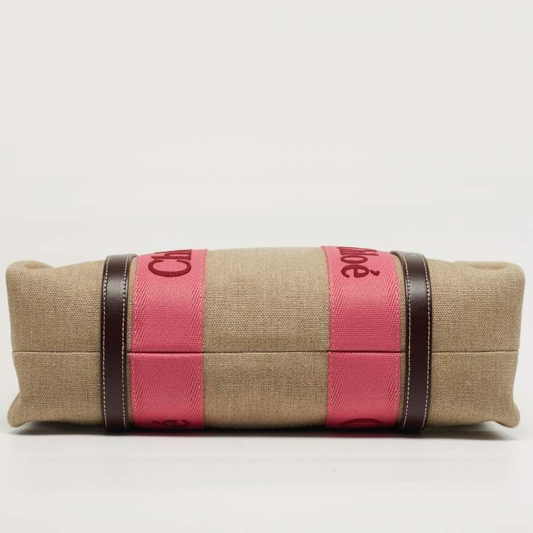 Pre Owned Chloé Woody Medium Beige/Pink Canvas Tote