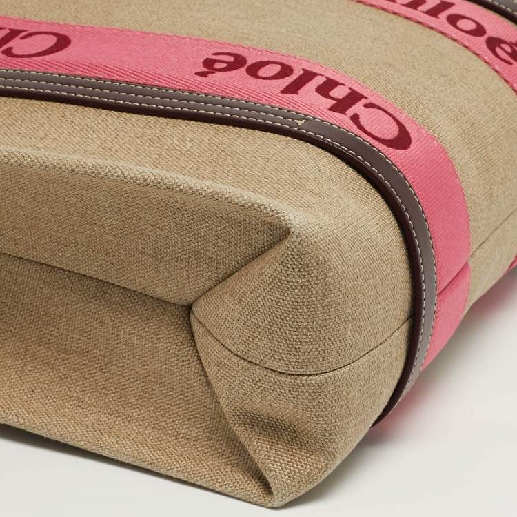 Pre Owned Chloé Woody Medium Beige/Pink Canvas Tote