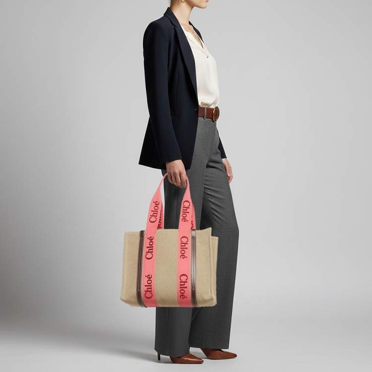 Pre Owned Chloé Woody Medium Beige/Pink Canvas Tote