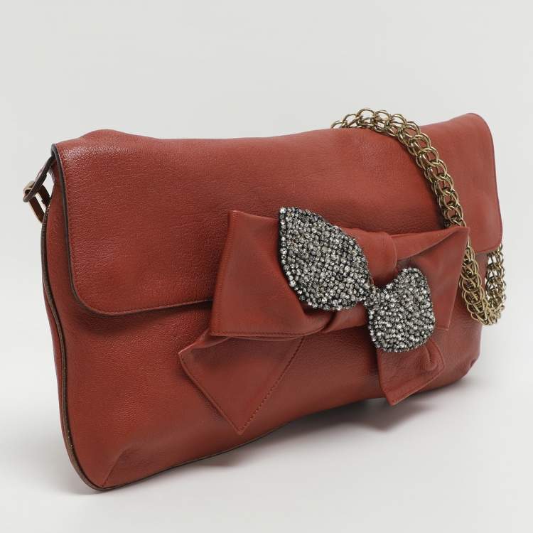Pre Owned Chloe Brick Leather Crystal Bow Embellished Chain Bag