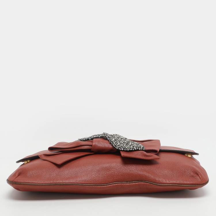 Pre Owned Chloe Brick Leather Crystal Bow Embellished Chain Bag