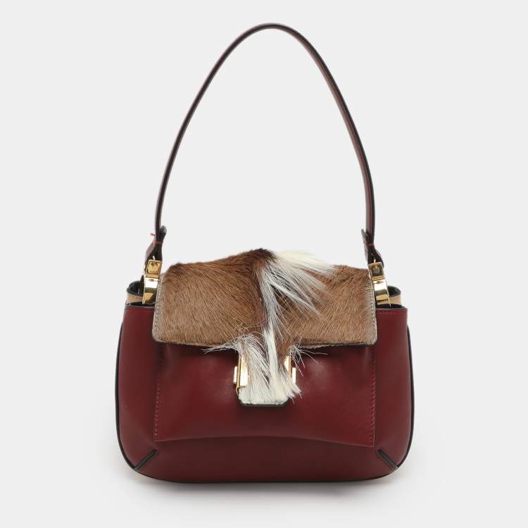 Pre Owned Chloe Amelia Burgundy/Beige Gazelle and Leather Shoulder Bag